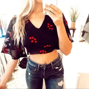 Embriodered Floral Bell Sleeve Crop